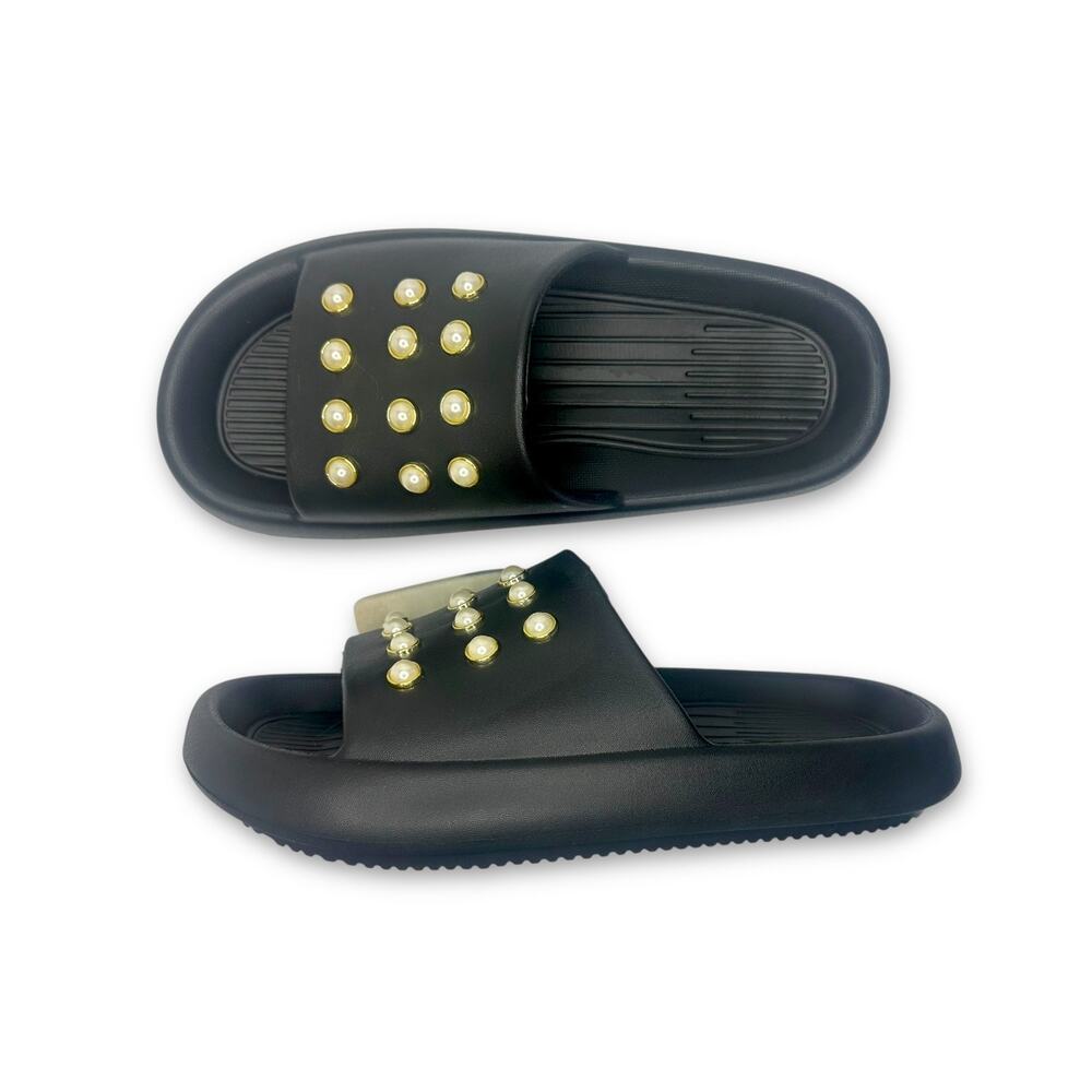 Kenneth Cole Mello Eva Pearl Slide Sandal Size 11 Black Rubber Pearl Embellished